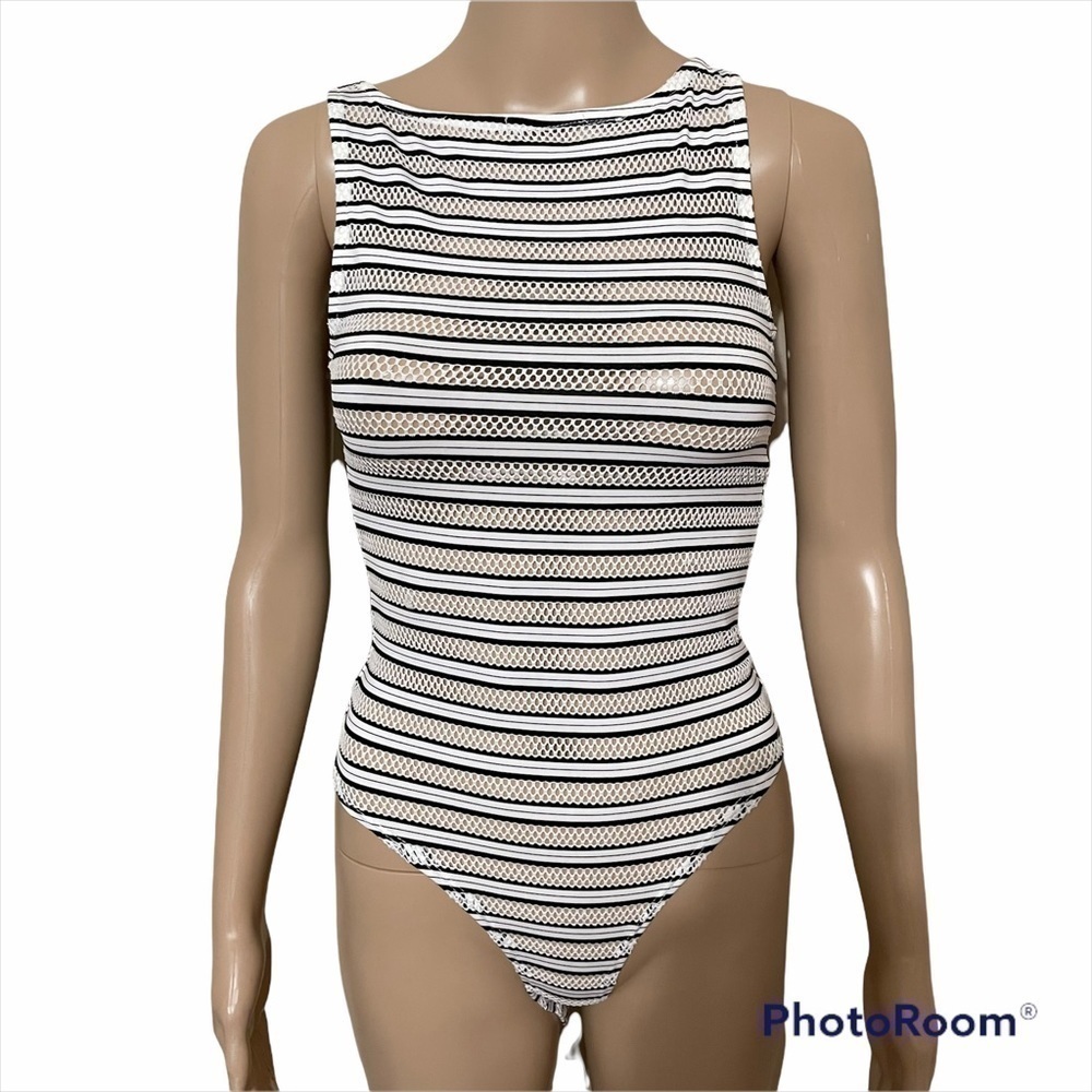 Fashion Nova Mesh Black & White Bodysuit - Picture 2 of 14